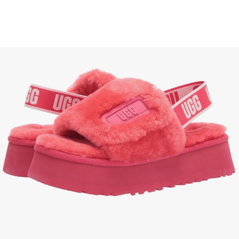 UGG Disco Slides Sandals Pink Cloud Sheepskin Fluff Fur Slingback Strap Logo - Picture 2 of 15